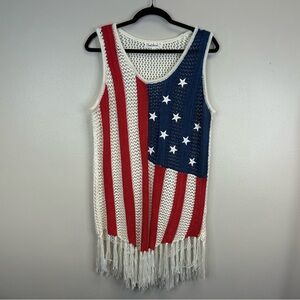 Cloud Chaser 1X Womens Knit American Flag Fringe Tank Top USA Summer Patriotic